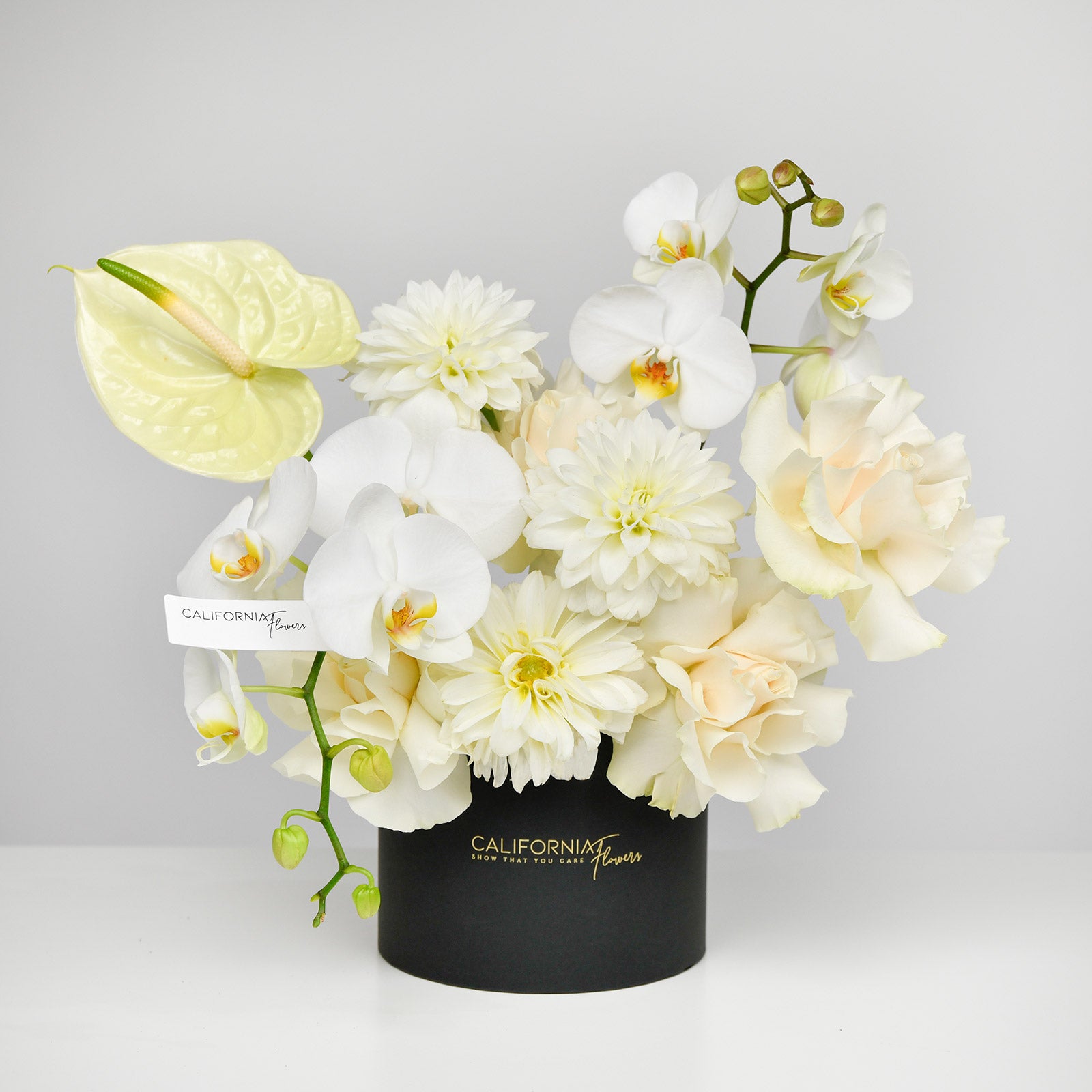 Cutii cu flori - California Flowers, Aranjament floral in cutie cu orhidee phalaenopsis si anthurium, Californiaflowers.ro