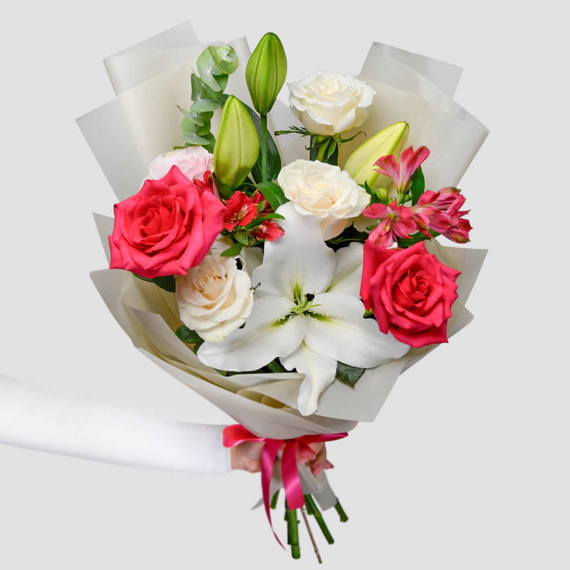 Flori pentru mama - California Flowers, Buchet crini si trandafiri Pink, Californiaflowers.ro