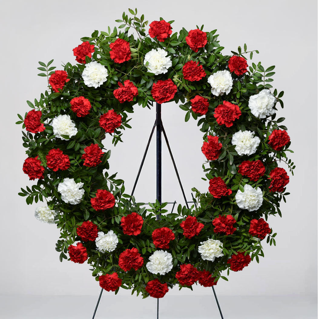 Coroane funerare, Coroana funerara rotunda cu garoafe rosii si albe, Californiaflowers.ro