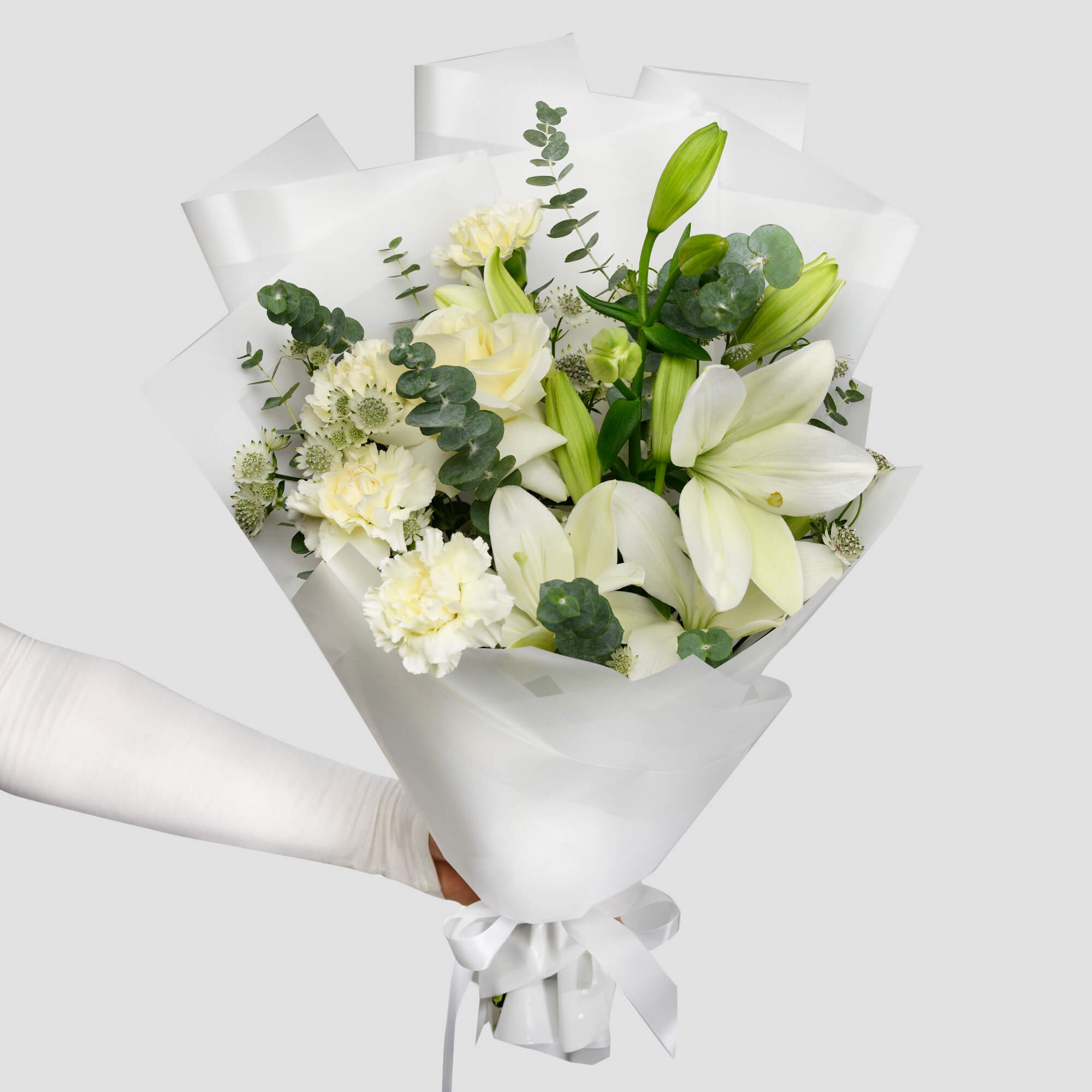 Buchete flori mixte, Buchet crin si trandafiri albi, Californiaflowers.ro