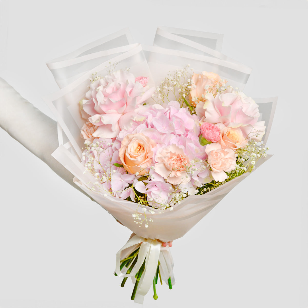 Buchete hortensii - California Flowers, Buchet trandafiri speciali roz, gypsophilla si hortensie, Californiaflowers.ro