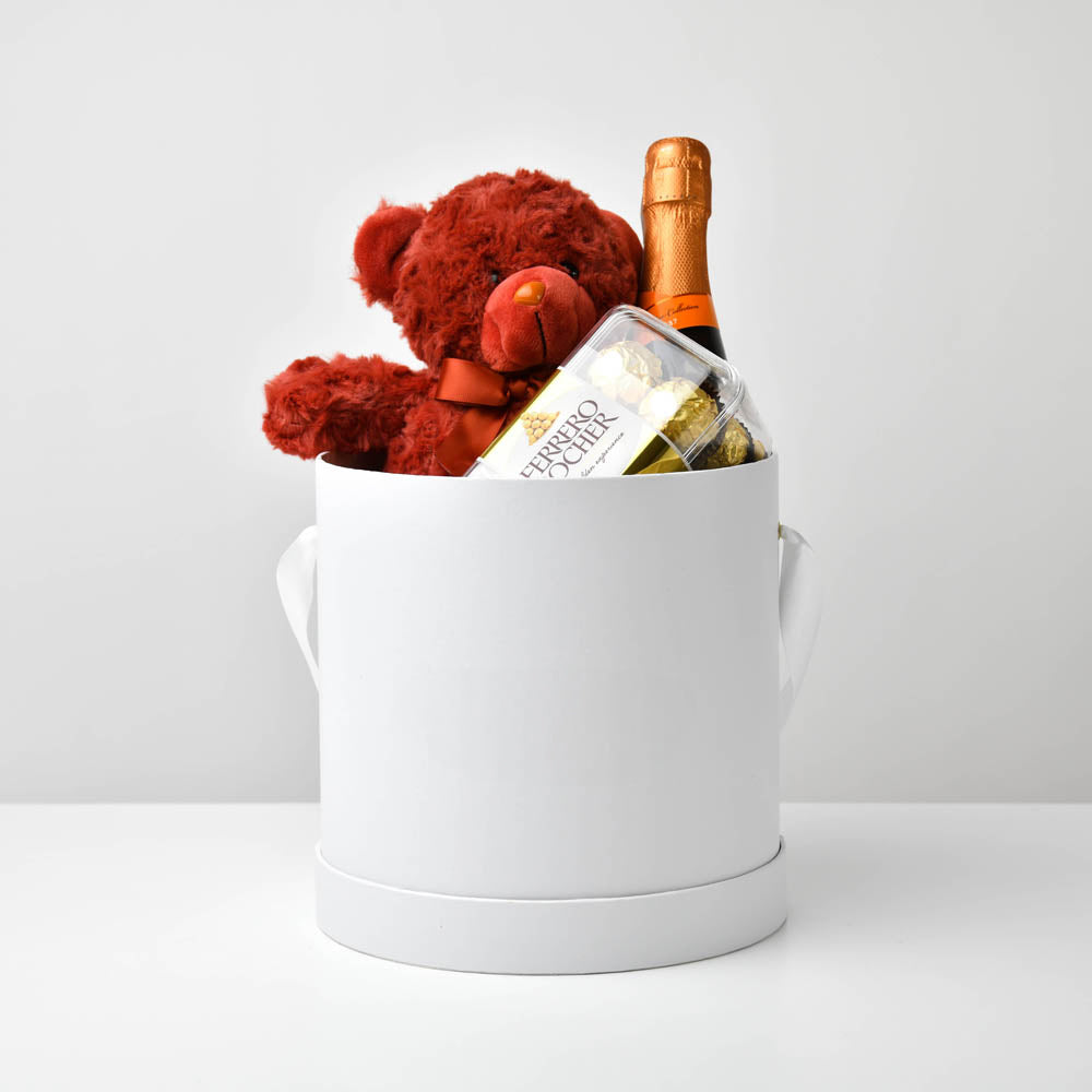 PRODUSE CU LIVRARE NATIONALA, Cutie cadou cu bomboane, Prosecco si ursulet, Californiaflowers.ro