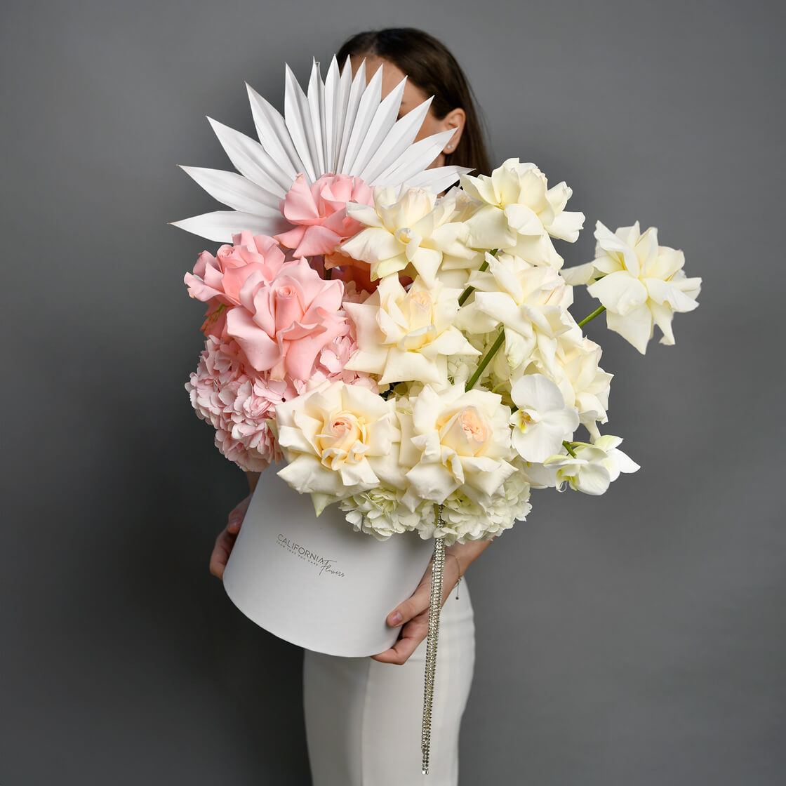 Flori pentru iubita – California Flowers, Aranjament floral in cutie cu trandafiri si hortensie, Californiaflowers.ro