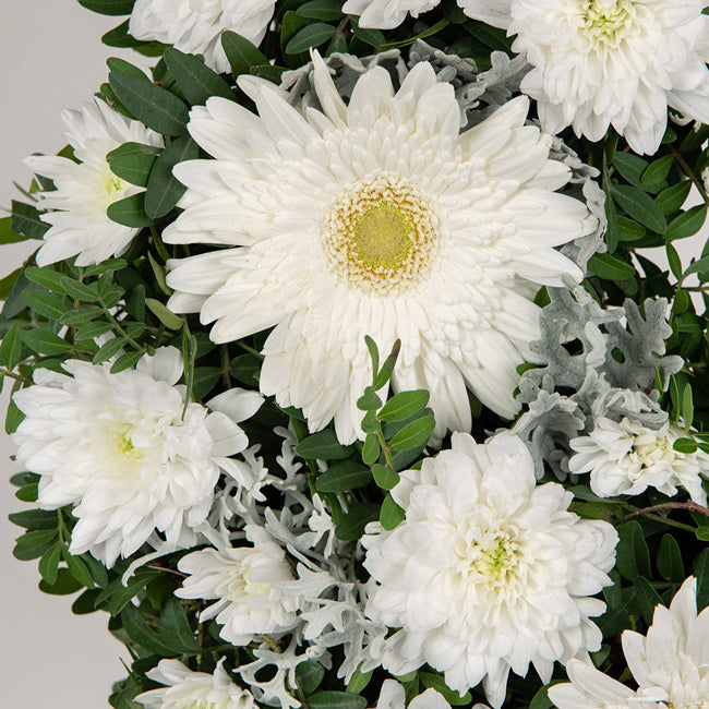 Coroana funerara rotunda cu crizanteme si gerbera alba, 2