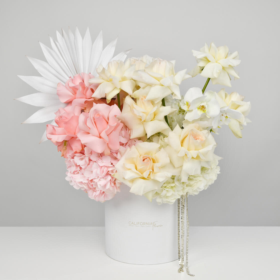 Flori pentru iubita – California Flowers, Aranjament floral in cutie cu trandafiri si hortensie, Californiaflowers.ro