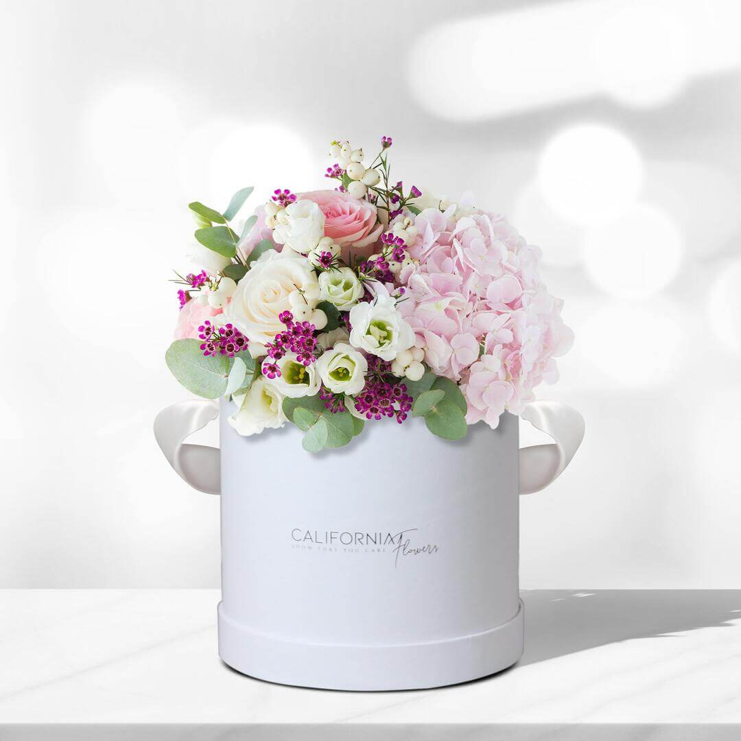 Aranjament floral in cutie cu hortensie, eustoma si trandafiri