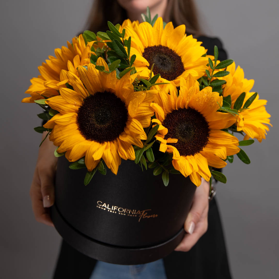 Livrare Flori Cluj Napoca, Aranjament floral in cutie neagra cu floarea soarelui, Californiaflowers.ro