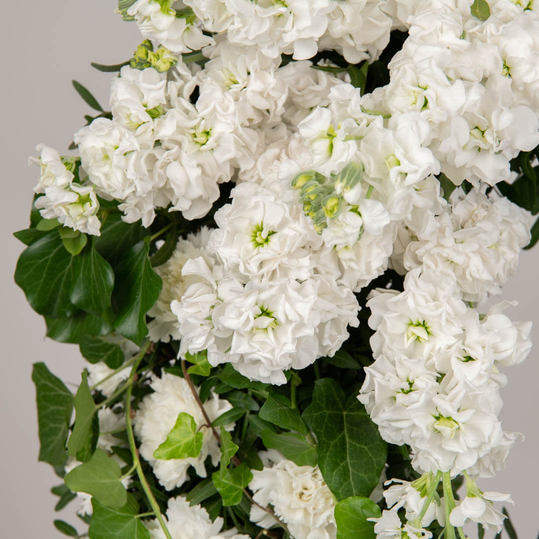 Coroana de flori rotunda cu matthiola si garoafe albe
