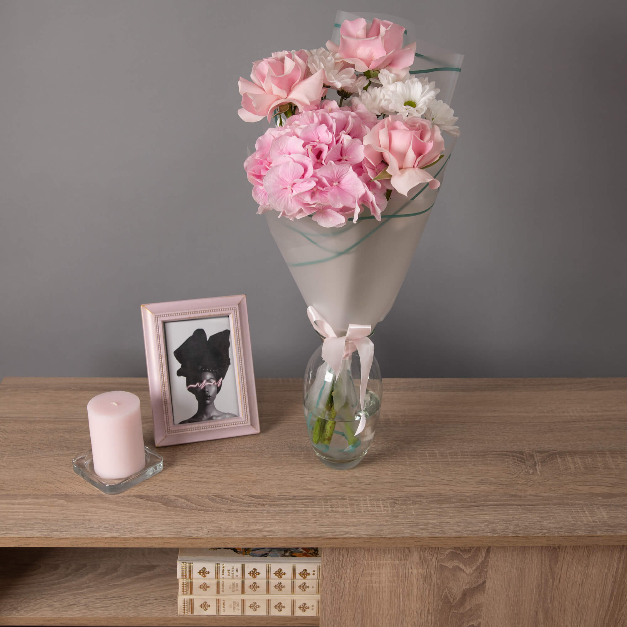 Buchet hortensie roz, trandafiri si crizanteme, 3