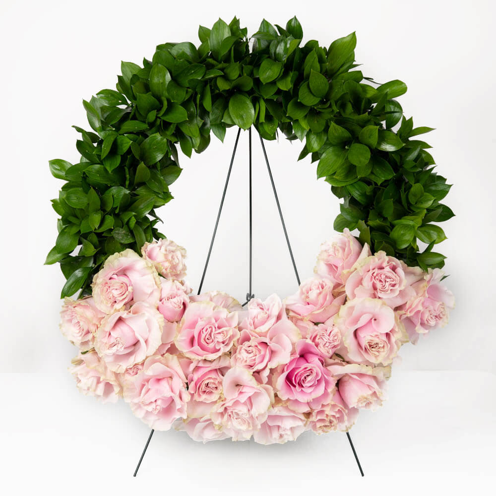 Coroane funerare, Coroana de flori rotunda cu trandafiri roz, Californiaflowers.ro