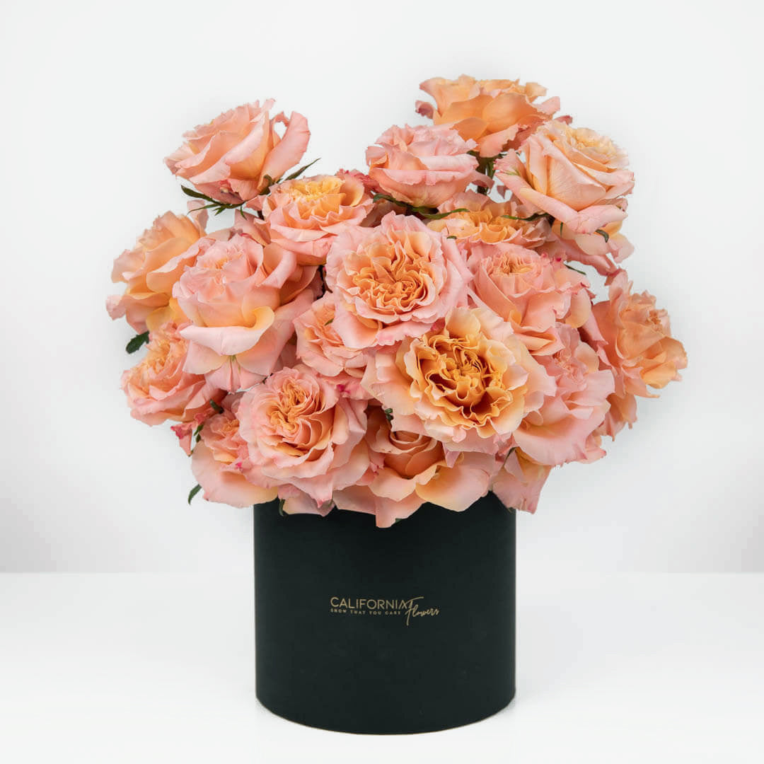Aranjament floral in cutie 35 trandafiri speciali somon
