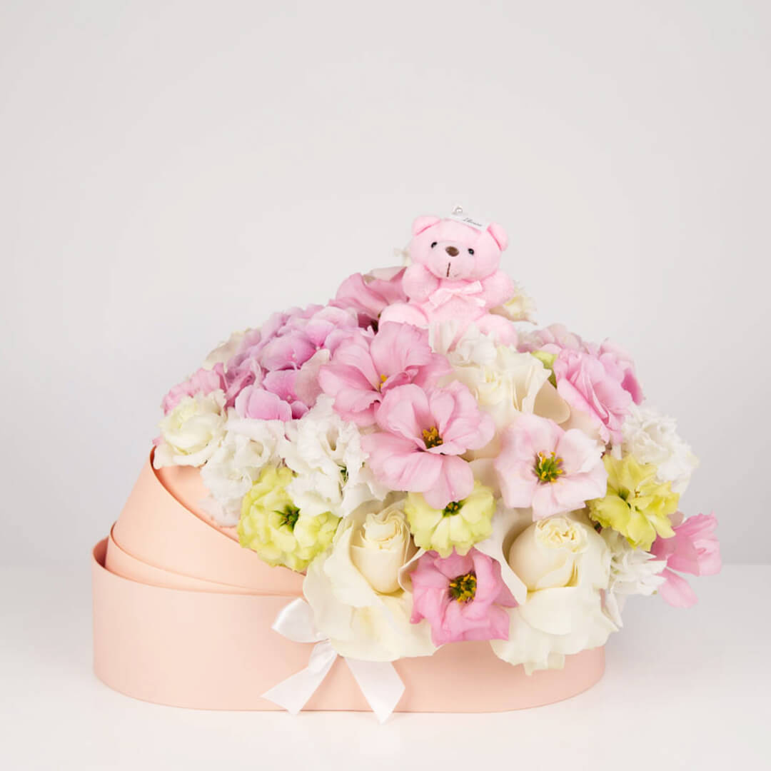 Aranjamente florale nou nascut - California Flowers, Landou pentru nou nascuti cu lisianthus, Californiaflowers.ro