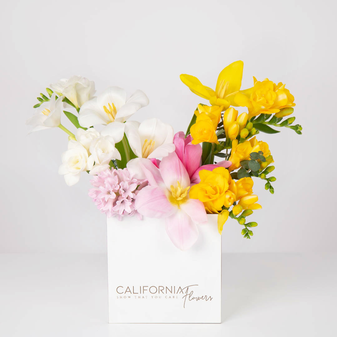 Aranjament floral in cutie cu frezii galbene