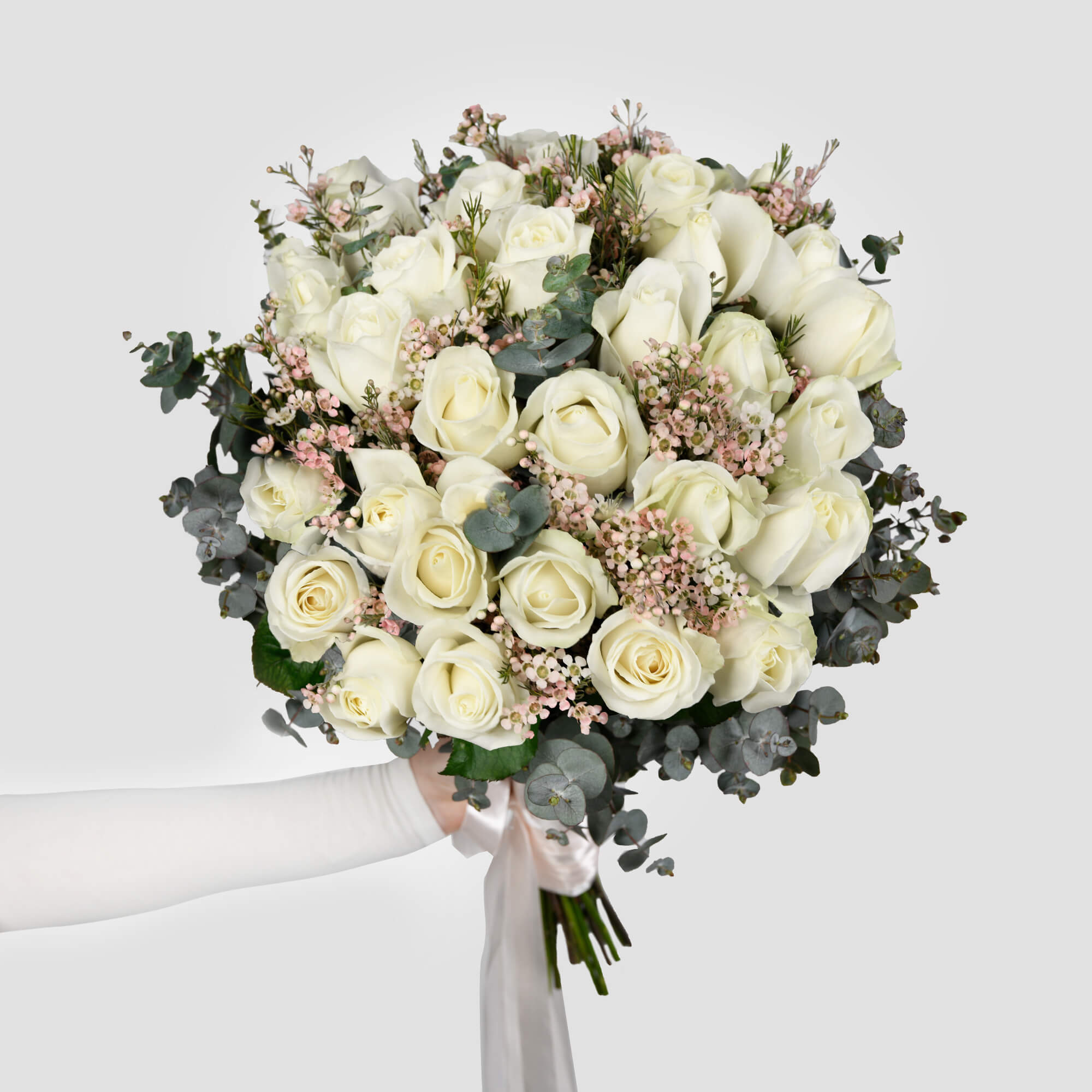 Livrare Flori Cluj Napoca, Buchet 25 trandafiri albi si vax, Californiaflowers.ro