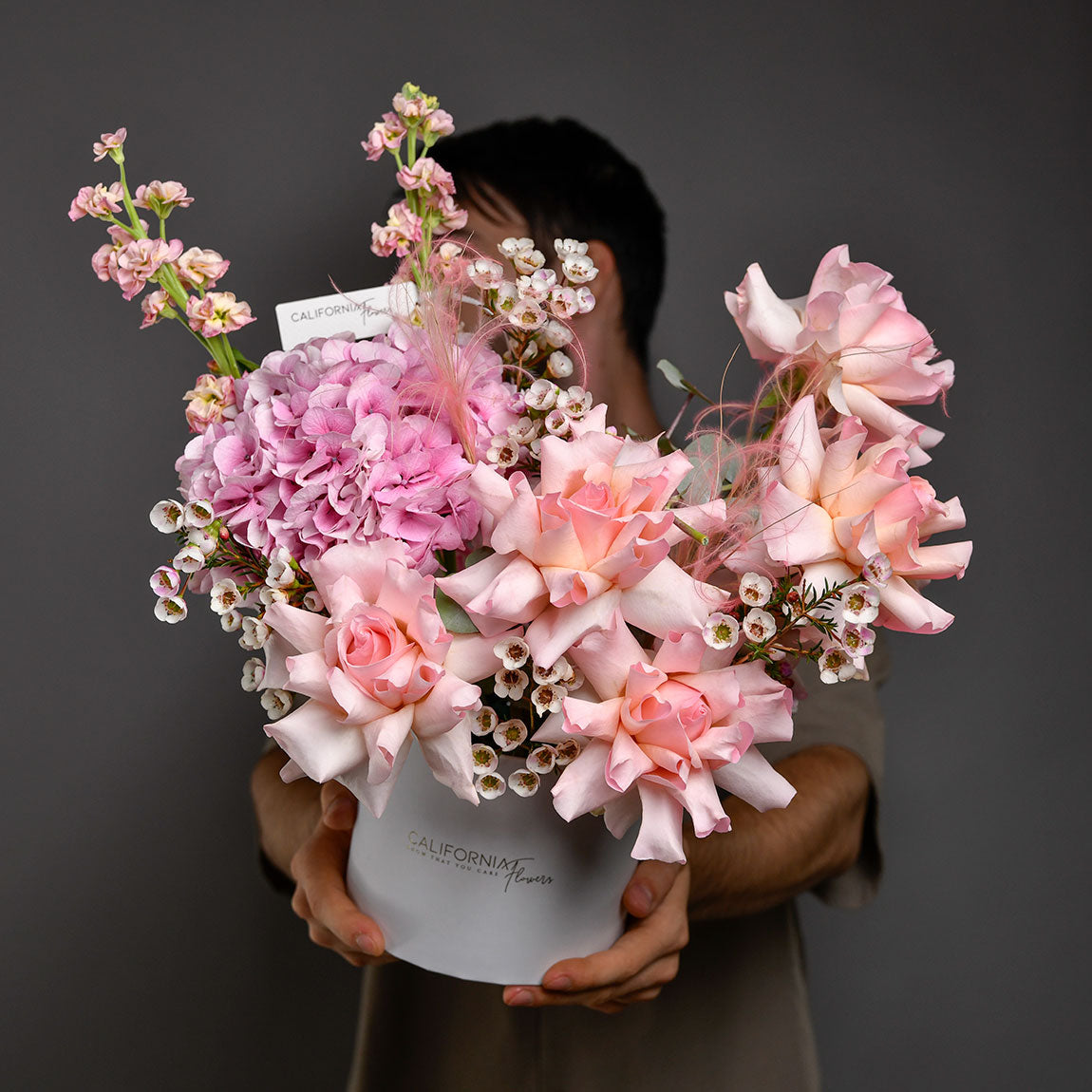 Livrare flori Bucuresti - California Flowers, Aranjament floral in cutie cu hortensie, trandafiri si matthiola, Californiaflowers.ro