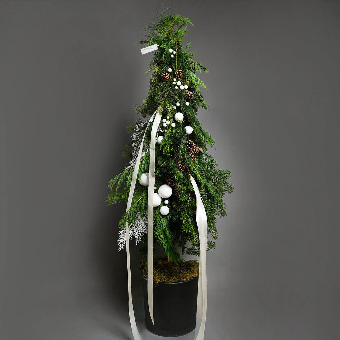 Aranjamente florale de Craciun - California Flowers, Aranjament brad de Craciun cu globuri albe, Californiaflowers.ro