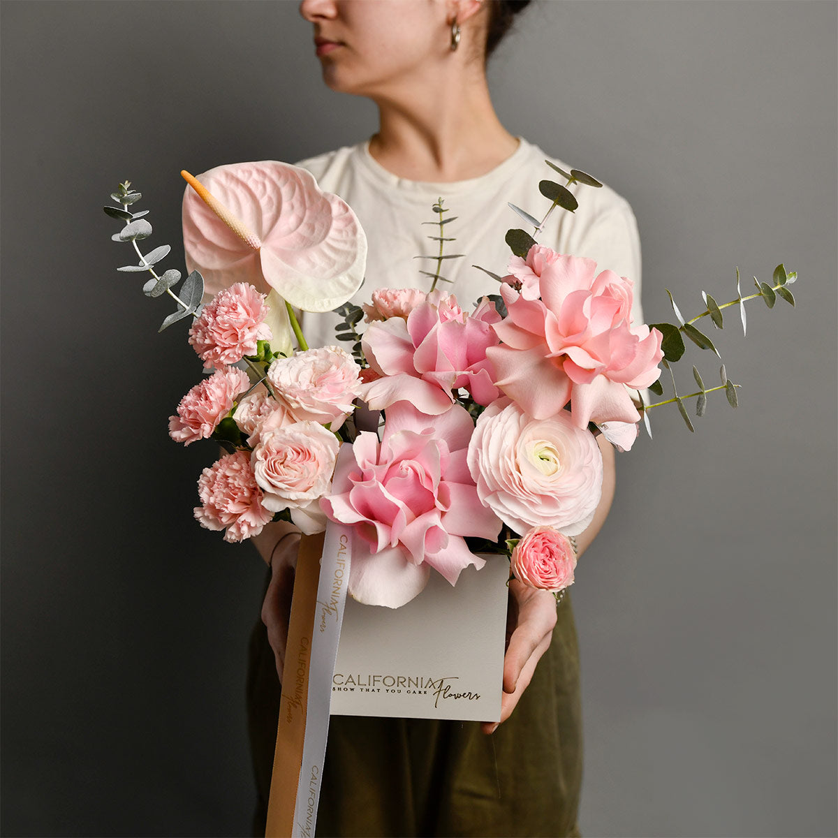 Livrare flori Bucuresti - California Flowers, Aranjament floral in cutie cu anthurium, miniroze si ranunculus, Californiaflowers.ro