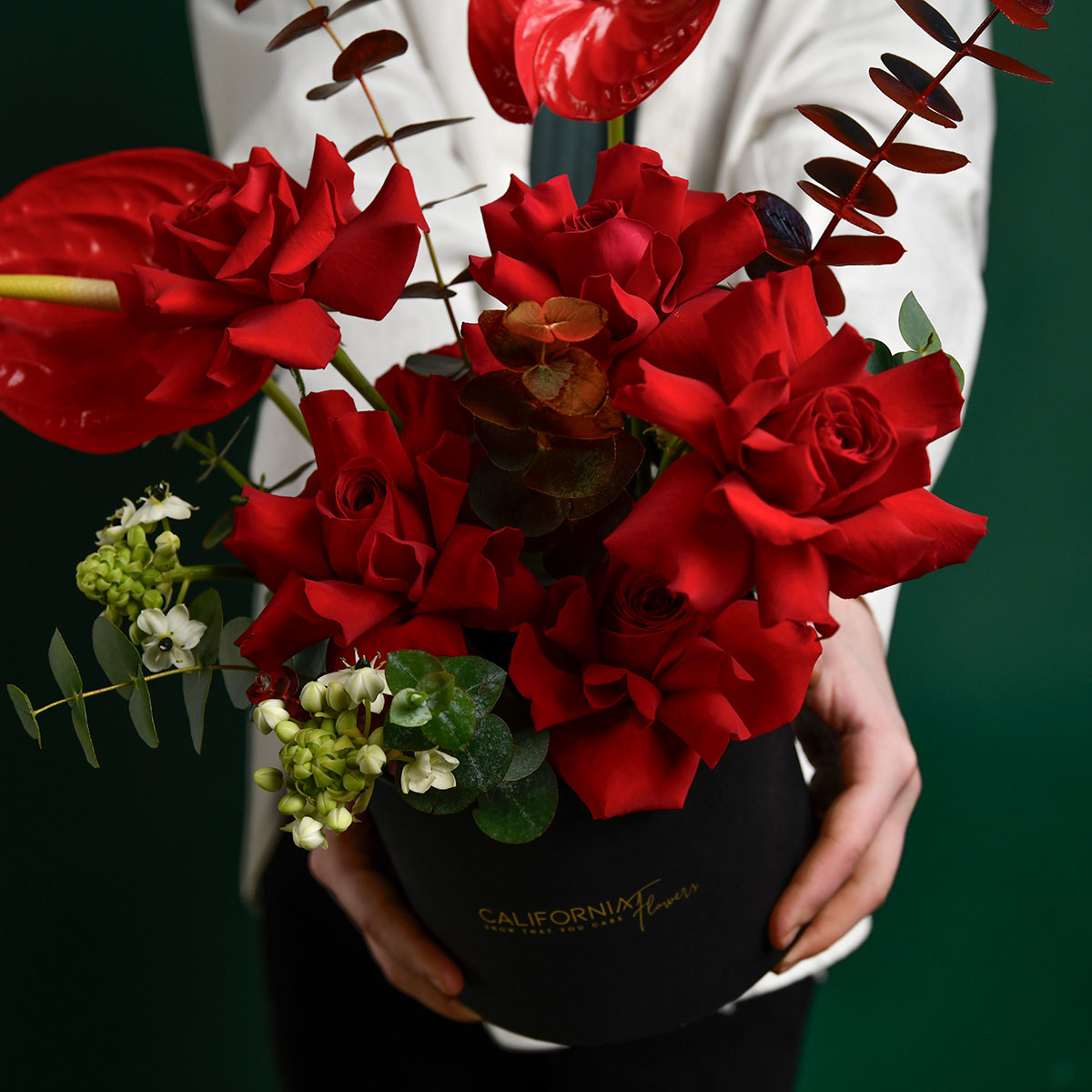 Floral arrangement in a box with red anthurium, special red roses and ornithogalum, 4, Californiaflowers.ro