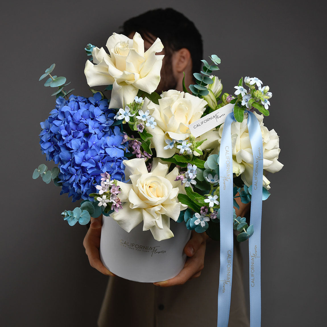 Livrare flori Bucuresti - California Flowers, Aranjament floral in cutie cu hortensie si trandafiri, Californiaflowers.ro