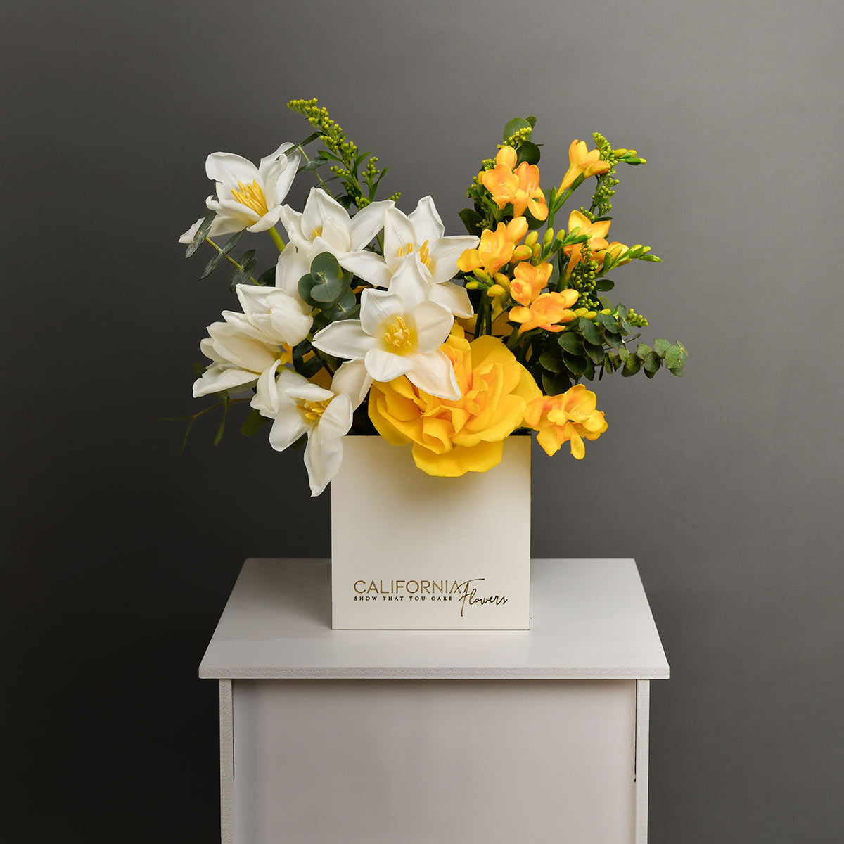 Floral arrangement in a box with tulips and yellow freesias, 3, Californiaflowers.ro