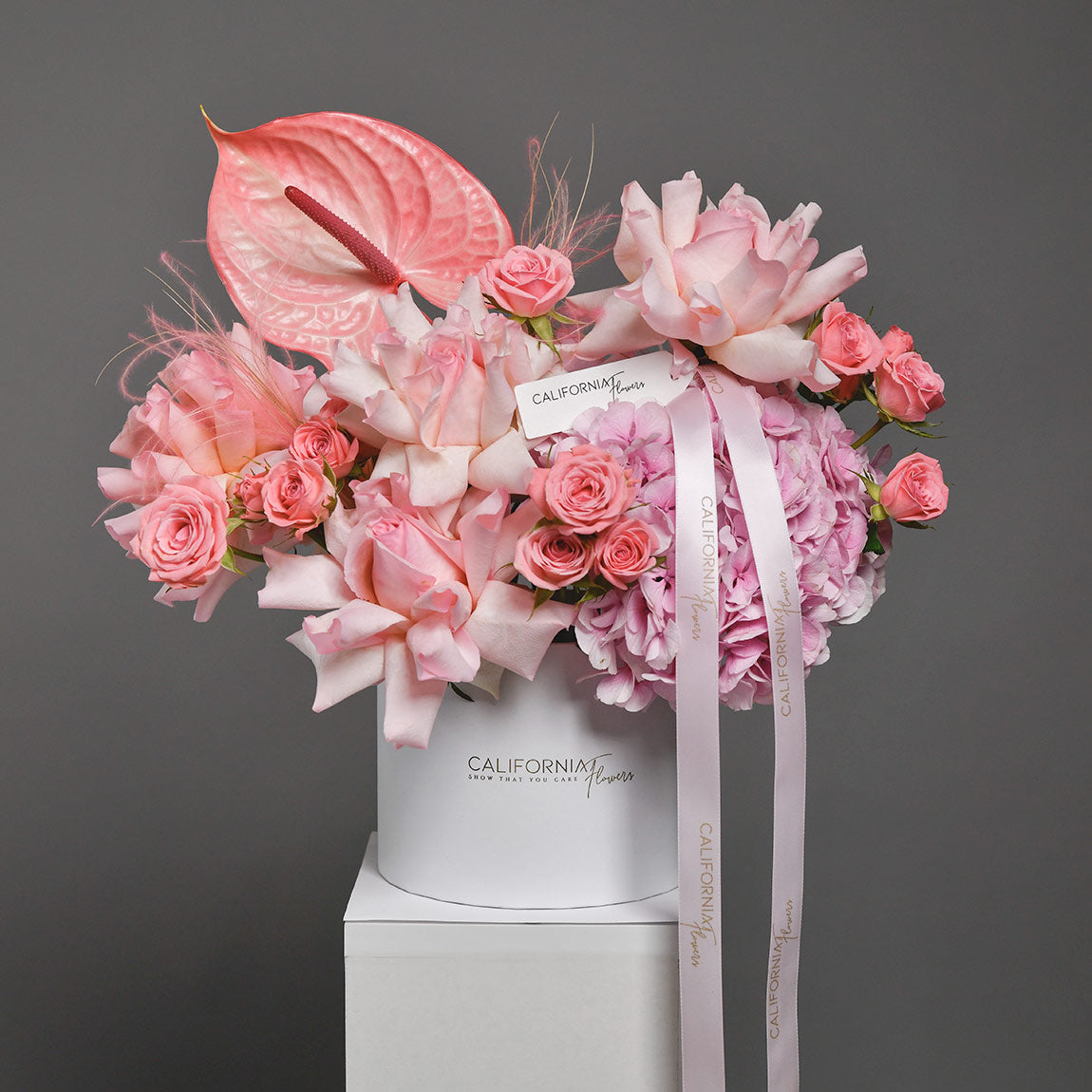 Aranjament in cutie cu hortensie miniroze si anthurium, 3, Californiaflowers.ro