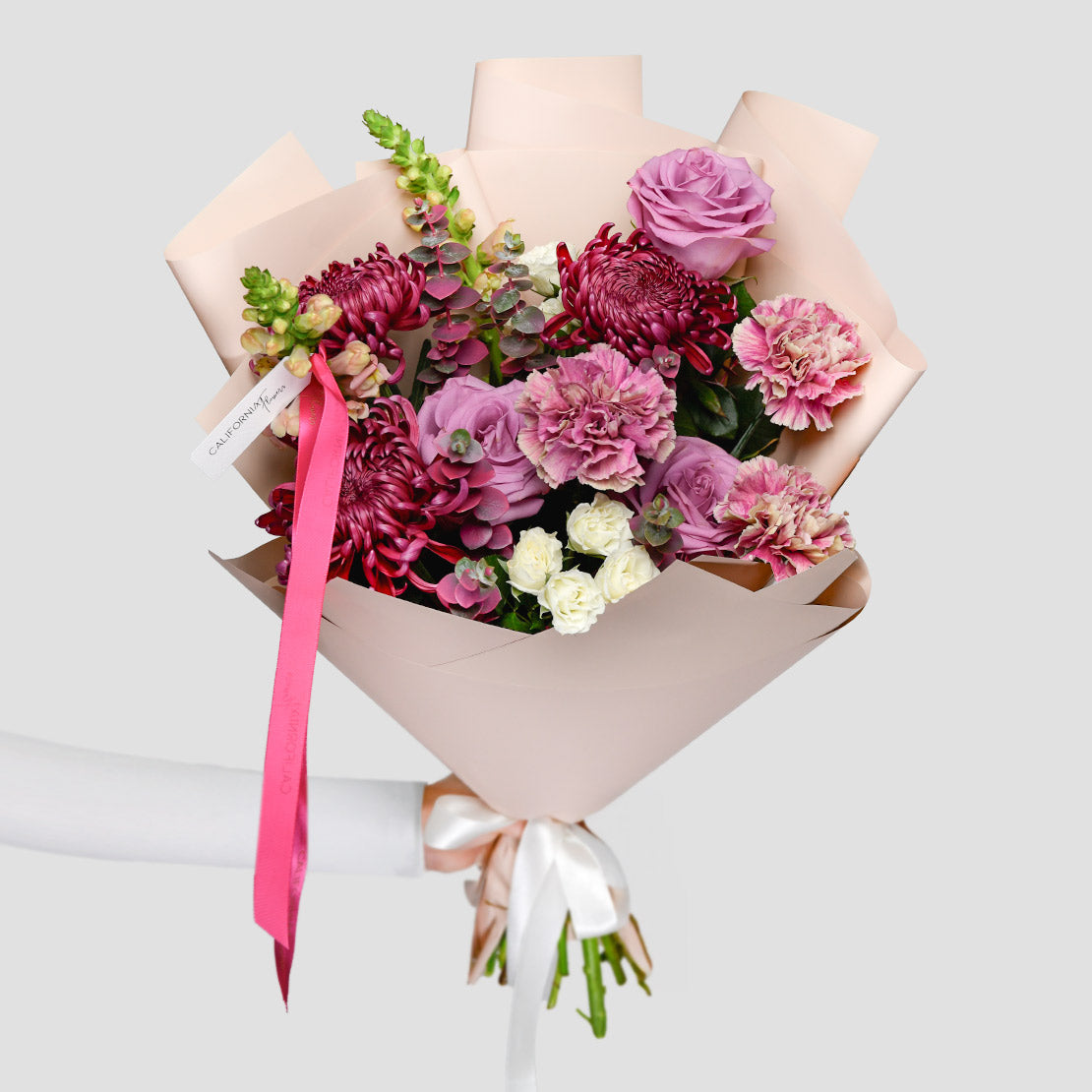 Buchet crizanteme si trandafiri lila, 3, Californiaflowers.ro