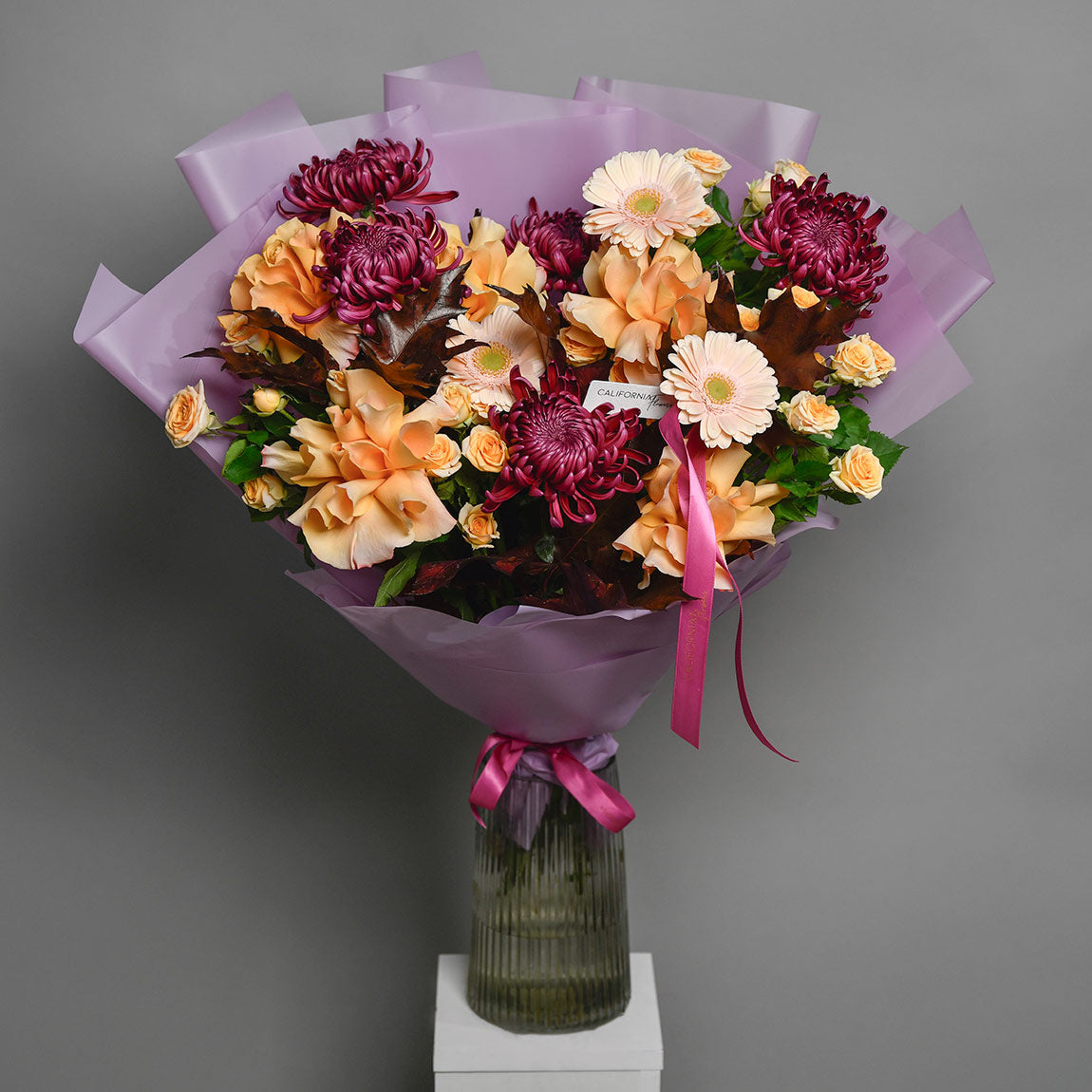 Buchet crizanteme si trandafiri somon, 11, Californiaflowers.ro