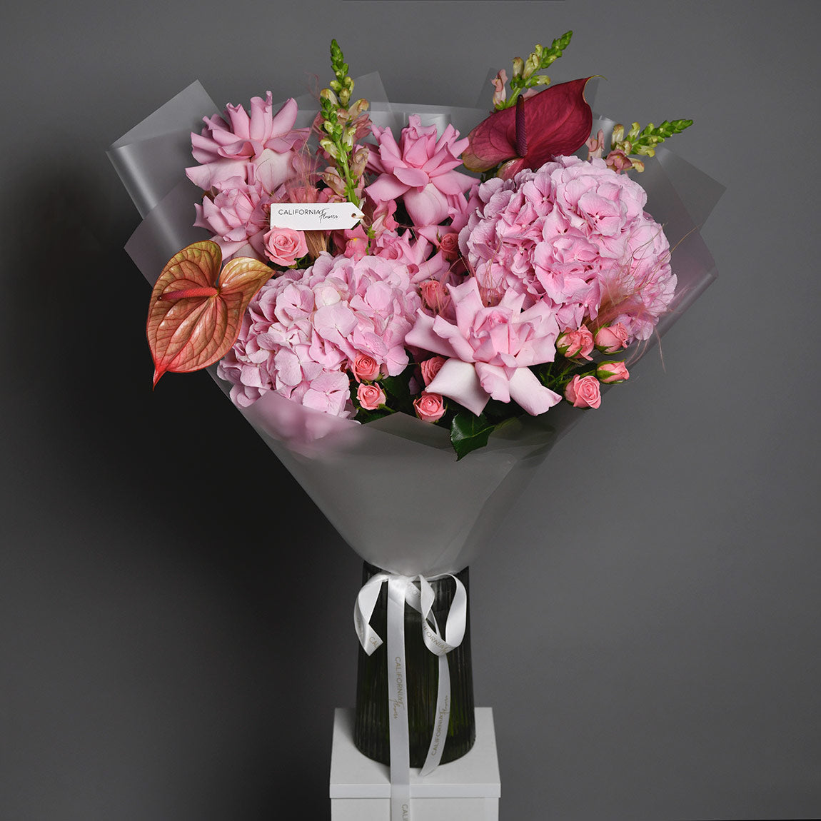 Buchet hortensie roz, anthurium si trandafiri, 3, Californiaflowers.ro