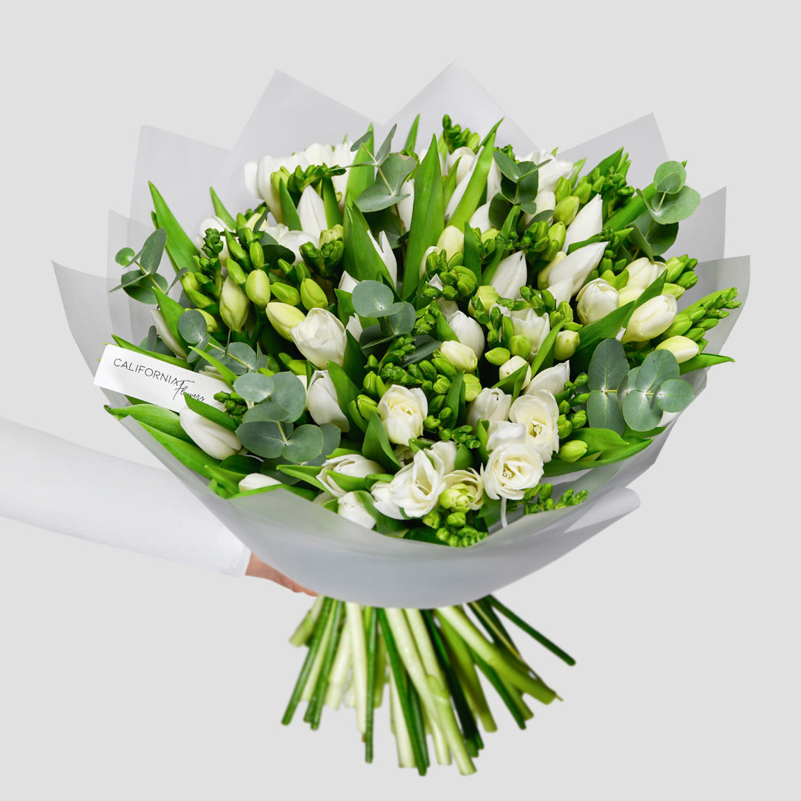 Livrare Flori Câțcău, Buchet lalele, frezii si eucalipt, Californiaflowers.ro