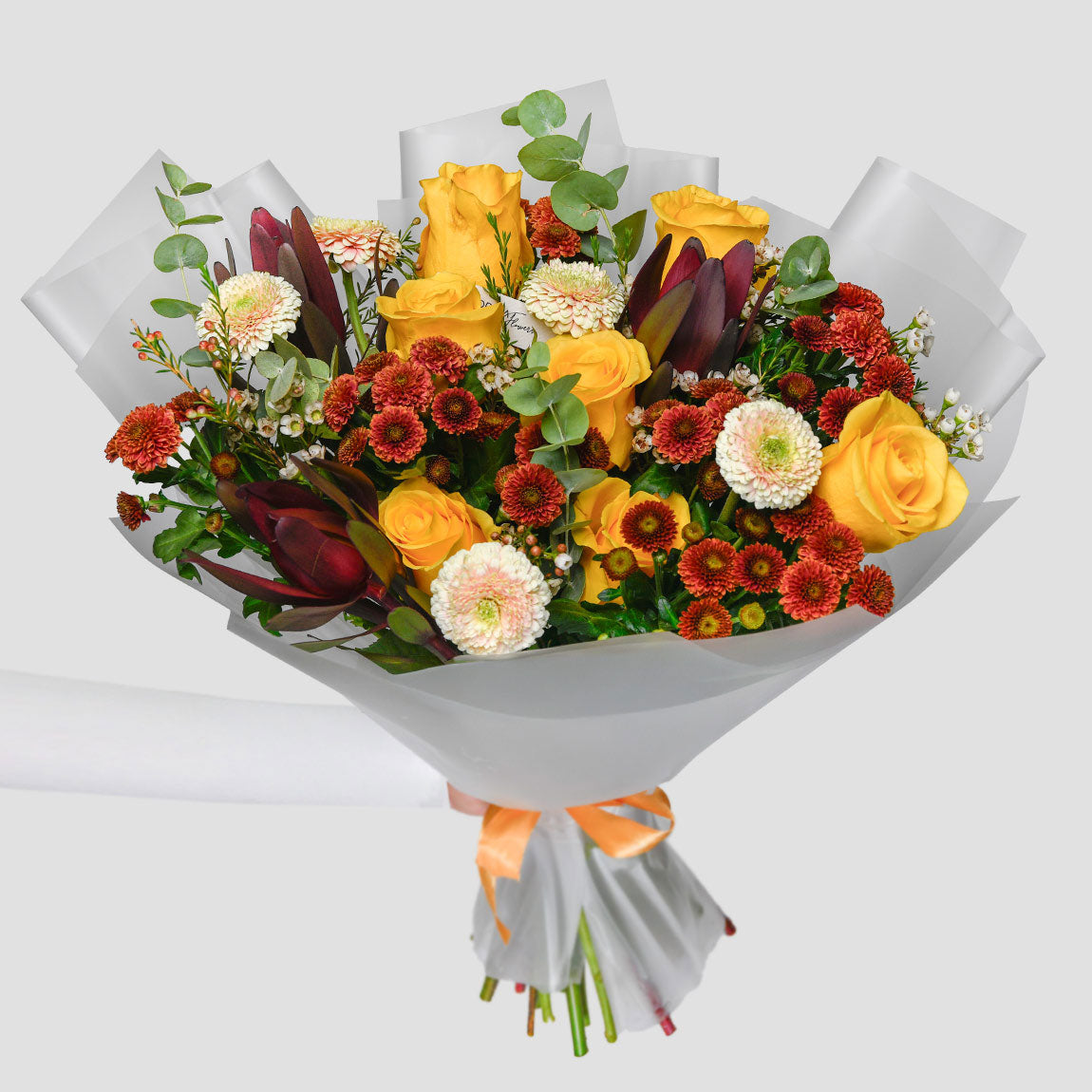 Florarie online - California Flowers ✅, Buchet trandafiri galbeni si santini, Californiaflowers.ro