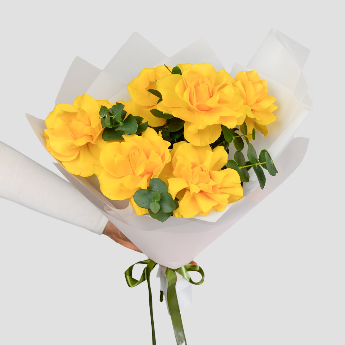 Flowers of Dragobete - California Flowers, Bouquet of 7 special yellow roses and eucalyptus, Californiaflowers.ro