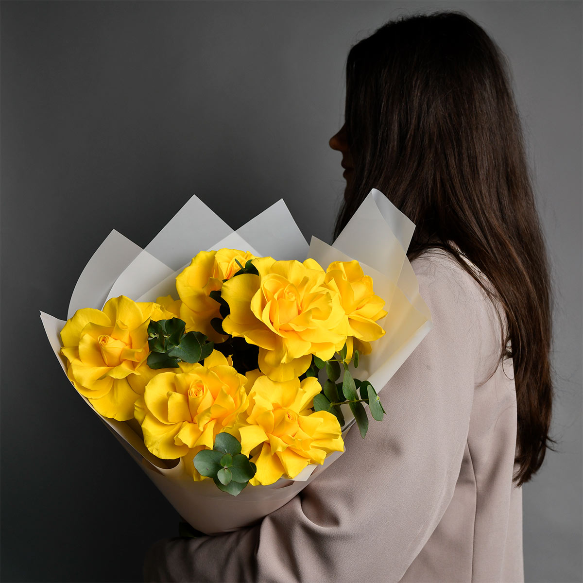 Flowers of Dragobete - California Flowers, Bouquet of 7 special yellow roses and eucalyptus, Californiaflowers.ro