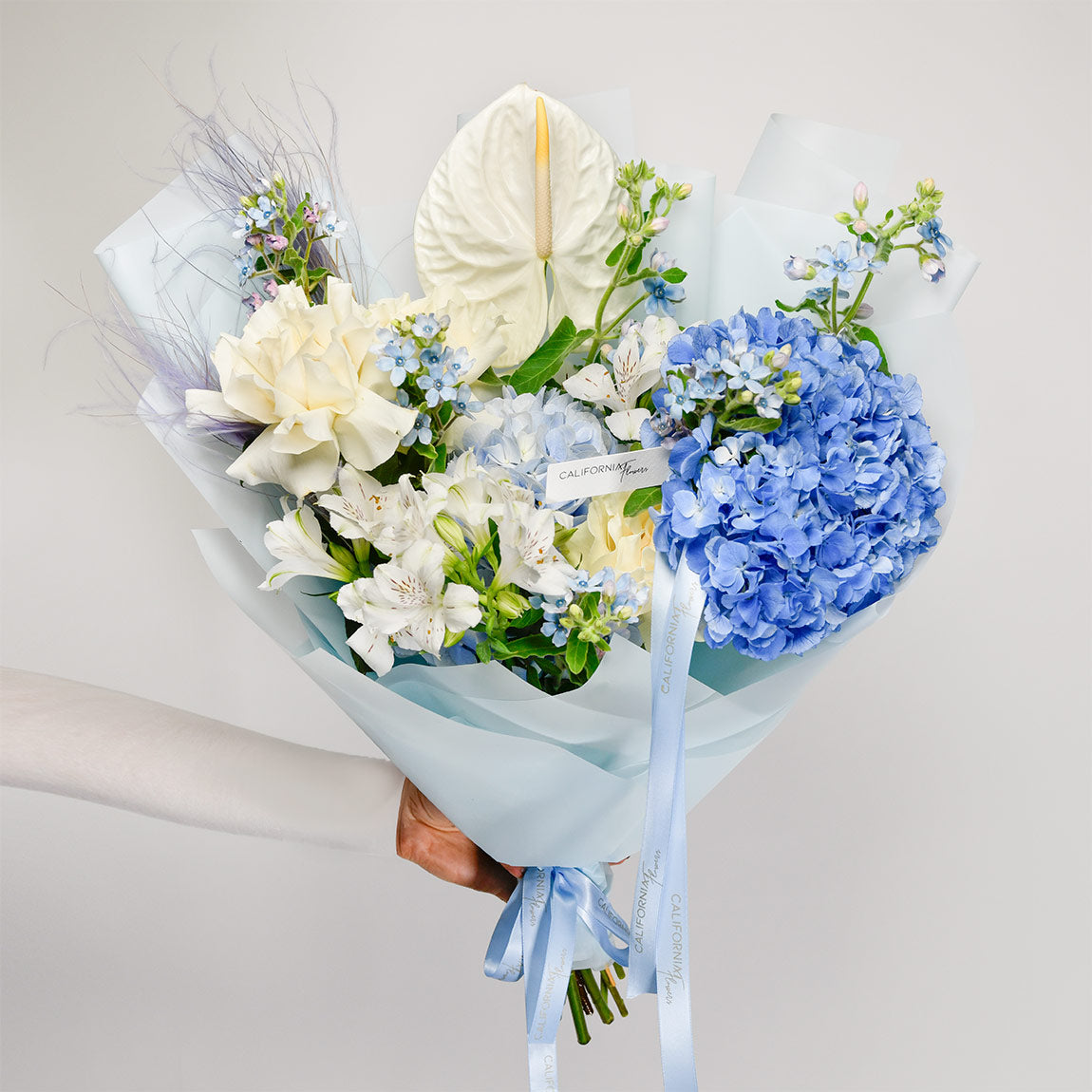 Livrare flori Bucuresti - California Flowers, Buchet hortensie, anthurium si trandafiri speciali, Californiaflowers.ro