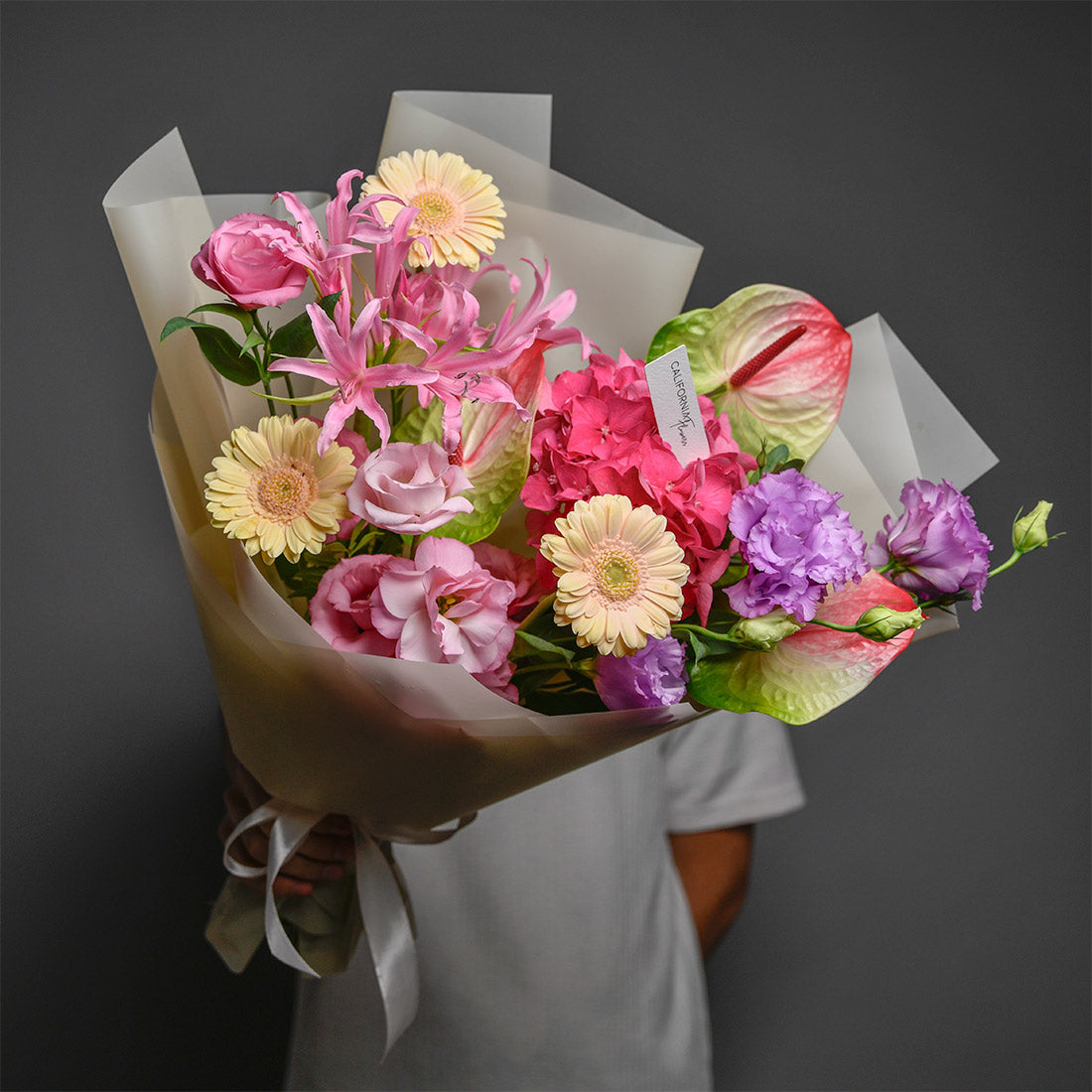Buchete de flori - California Flowers, Buchet hortensie roz si gerbera peach, Californiaflowers.ro