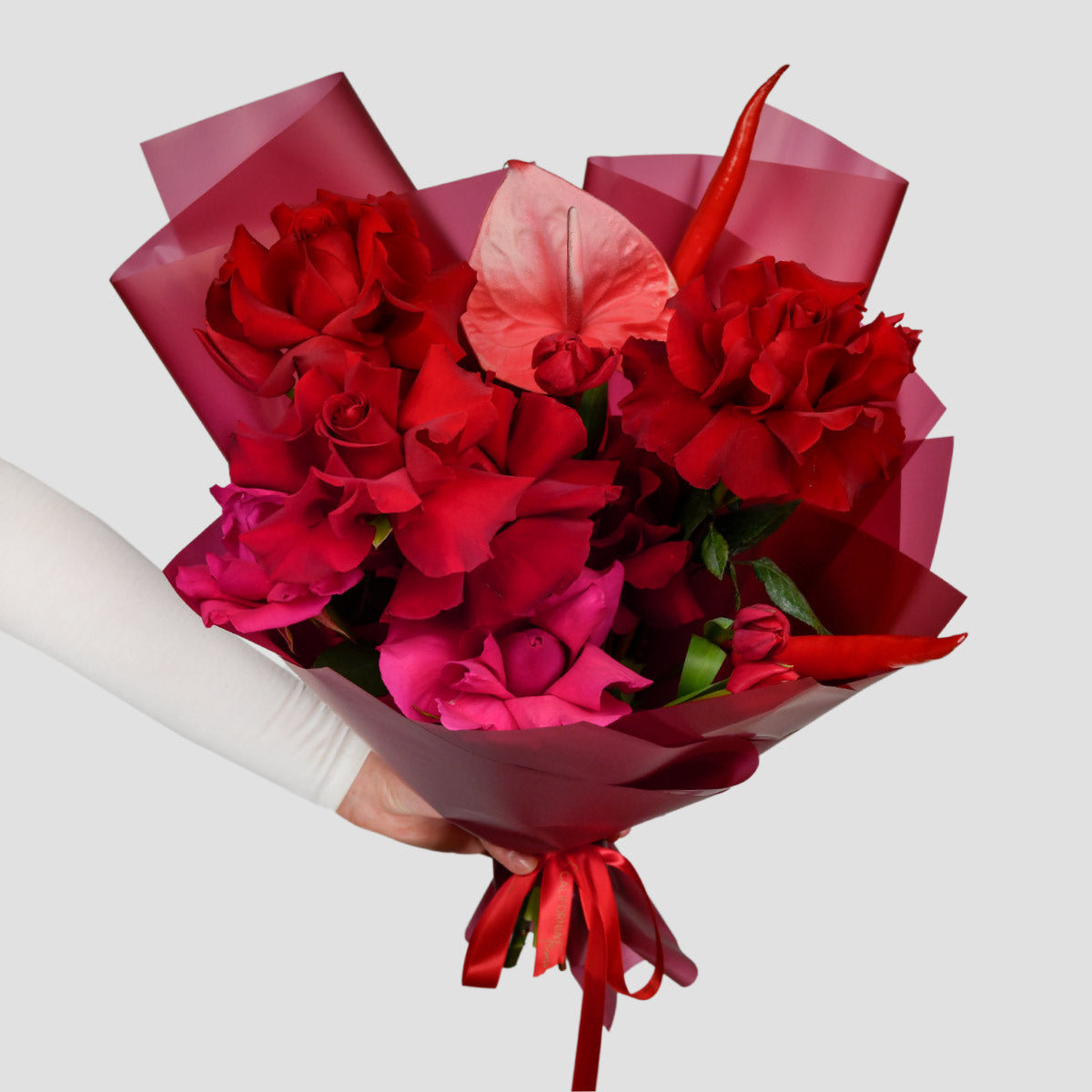 Flowers of Dragobete - California Flowers, Bouquet of special roses, anthurium, tulips and peppers, Californiaflowers.ro