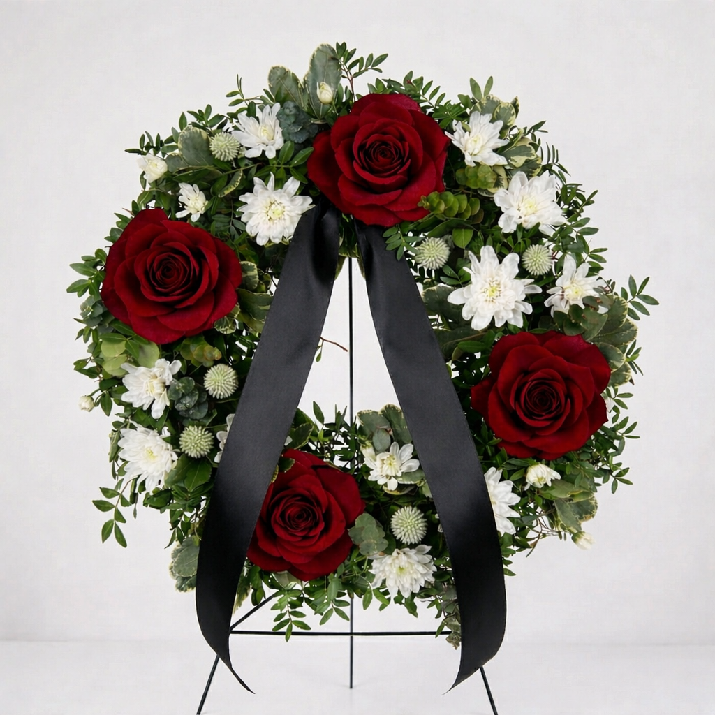 Livrare flori Ilfov, Coroana funerara cu tradafiri rosii si crizanteme, Californiaflowers.ro