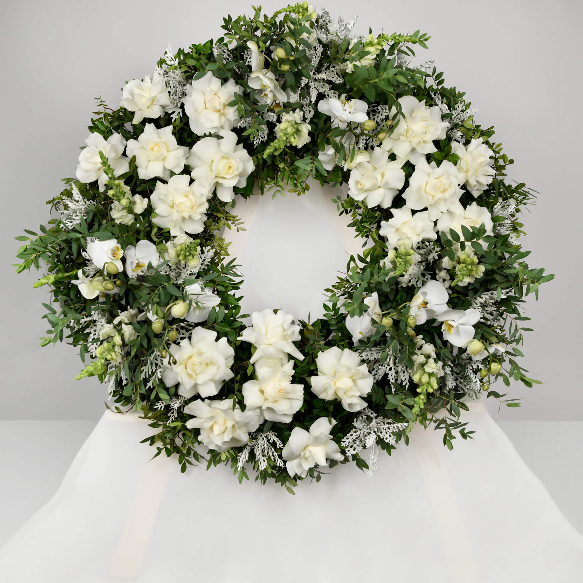 Round funeral wreath with phalaenopsis and special white roses, 1, Californiaflowers.ro