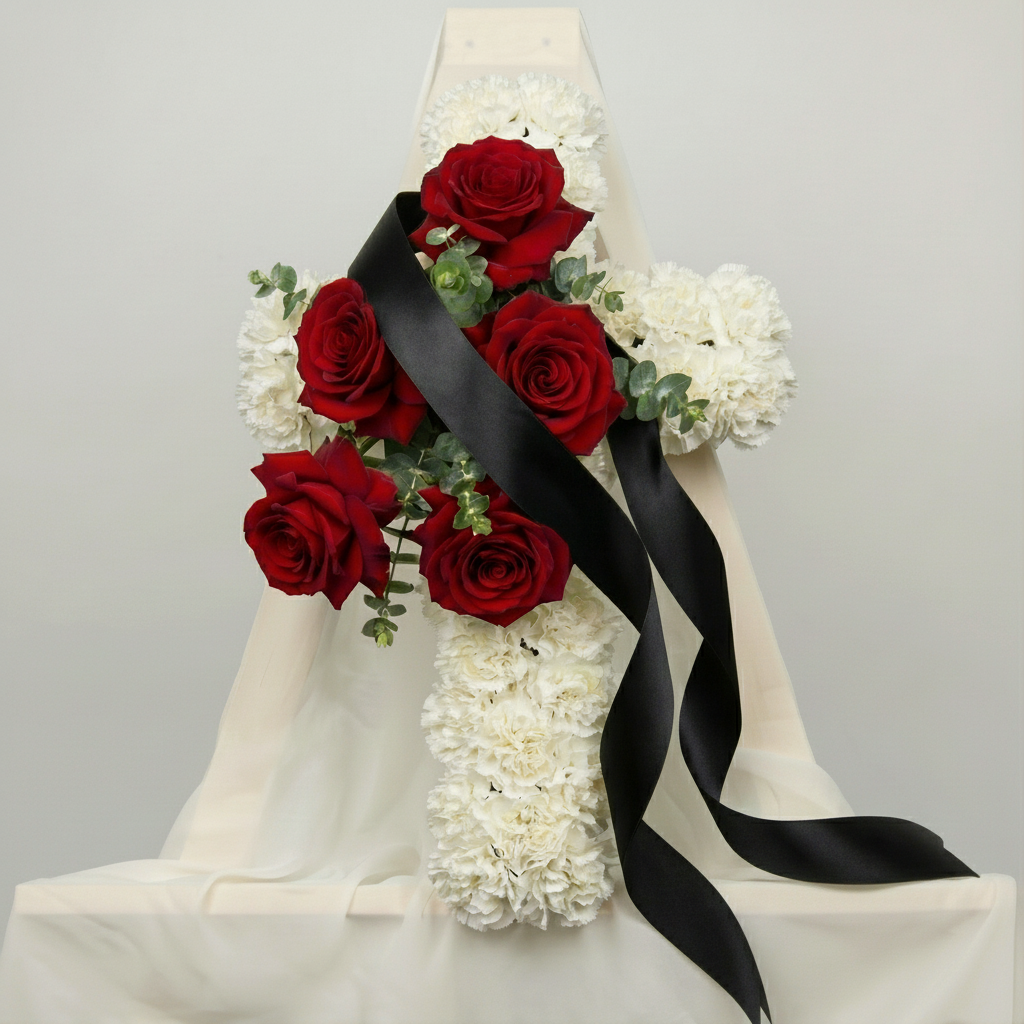 Livrare flori Ilfov, Cruce funerara cu trandafiri si garoafe, Californiaflowers.ro