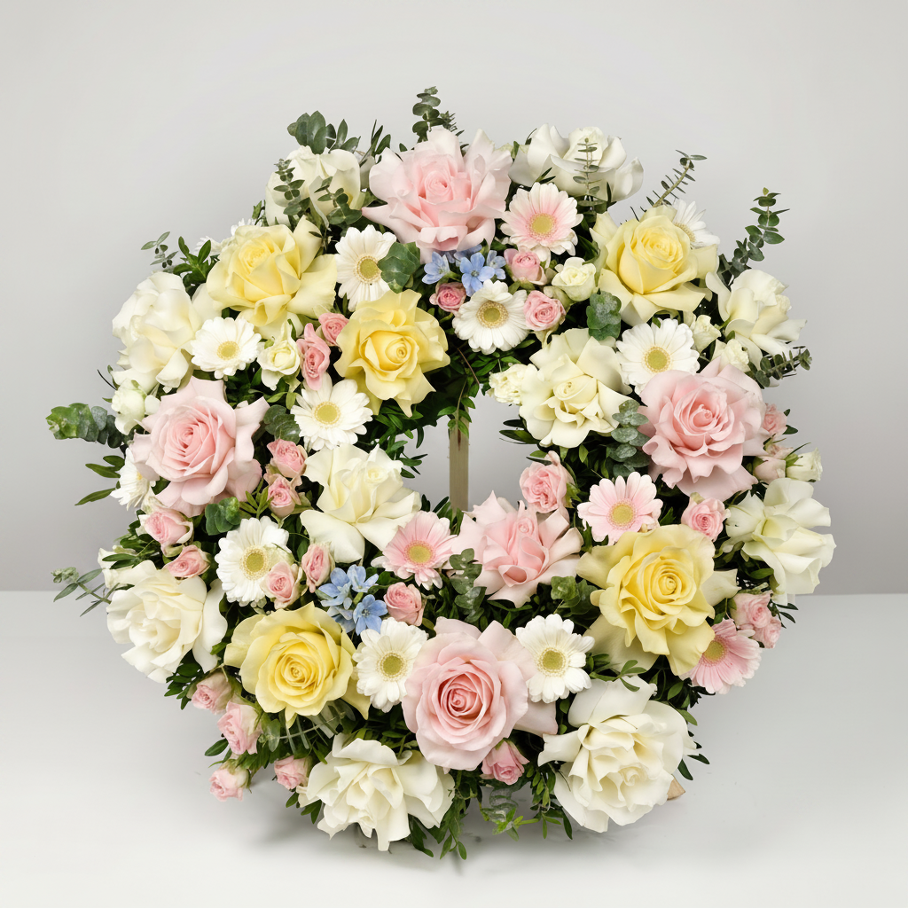 Coroane funerare, Coroana funerara rotunda cu trandafiri speciali si gerbera roz, Californiaflowers.ro