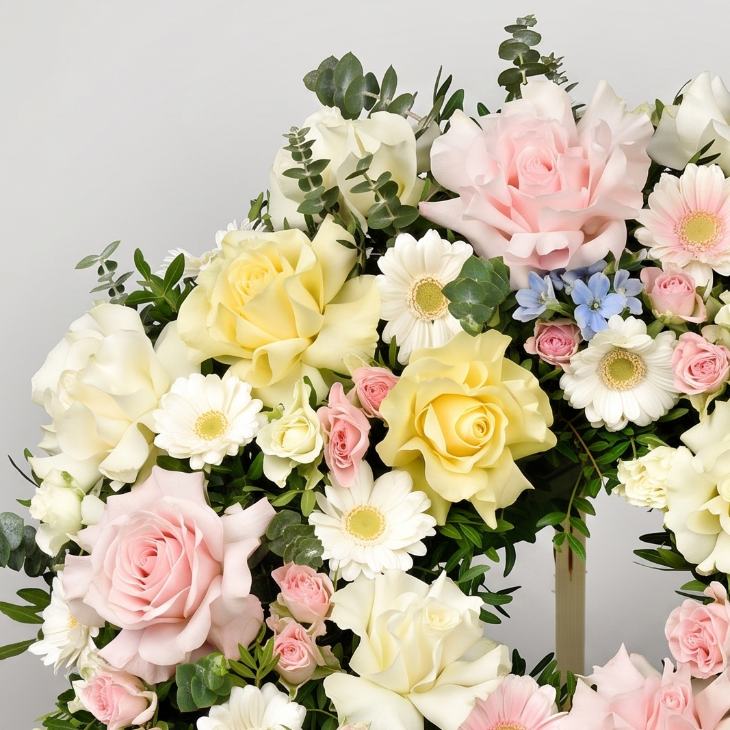 Coroane funerare, Coroana funerara rotunda cu trandafiri speciali si gerbera roz, Californiaflowers.ro