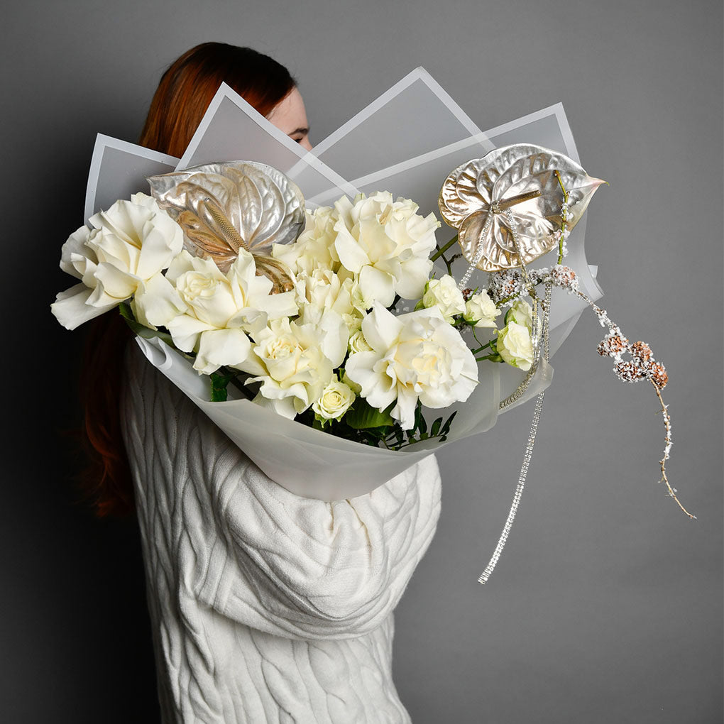 Flower delivery Bucharest - California Flowers, Bouquet of special white roses and white ribbon, Californiaflowers.ro