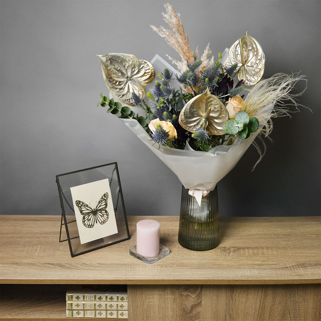 Buchet anthurium, eryngium si leucadendron, 5
