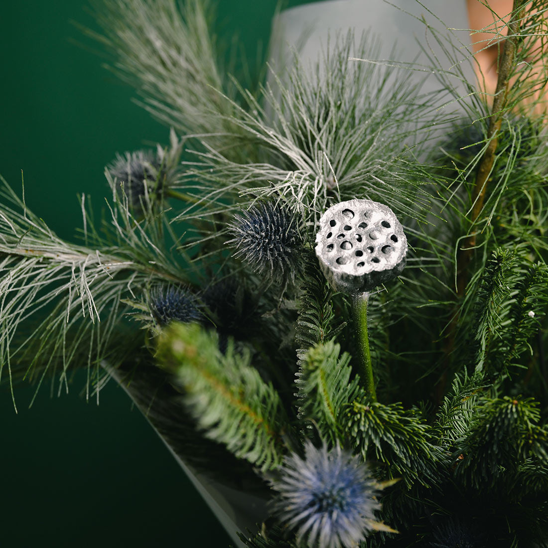 Fir, eryngium and cotton bouquet, 4, Californiaflowers.ro