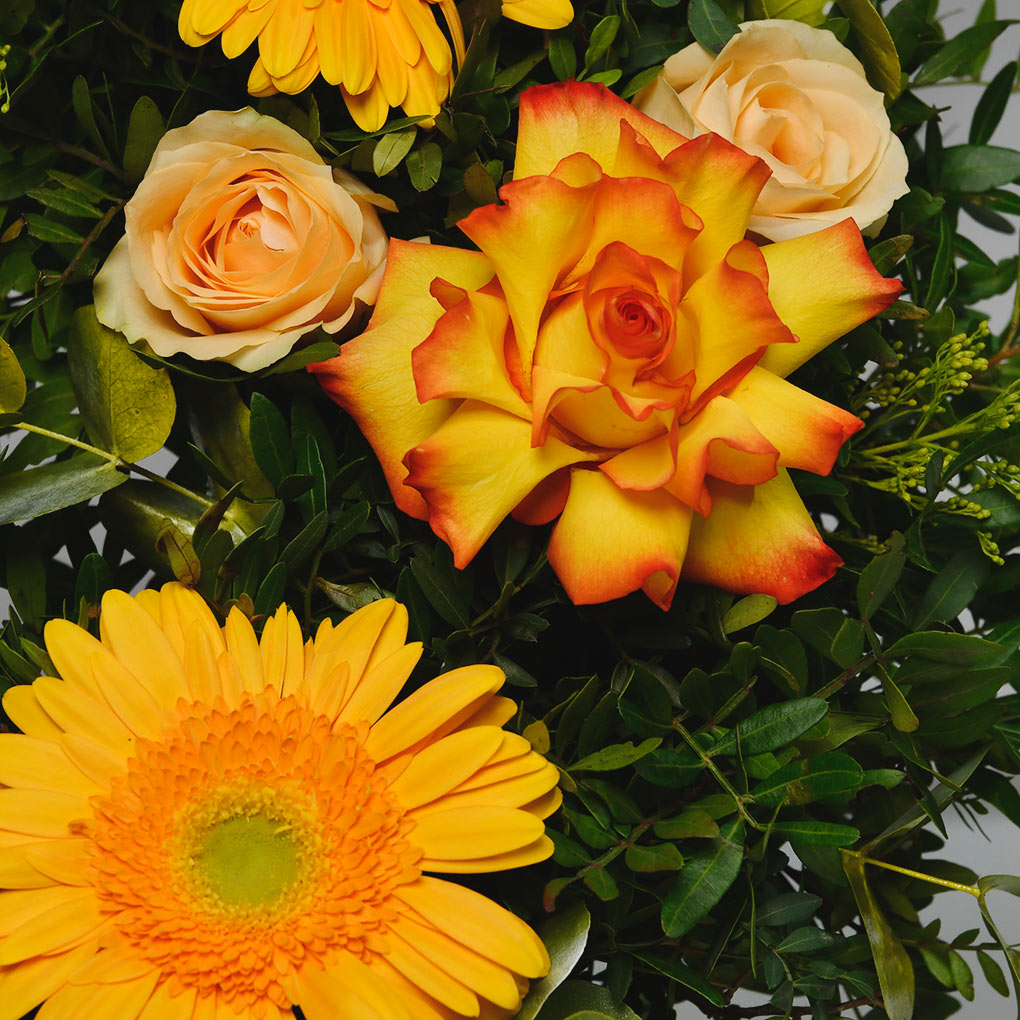 Coroana funerara rotunda cu gerbera portocalie si trandafiri speciali