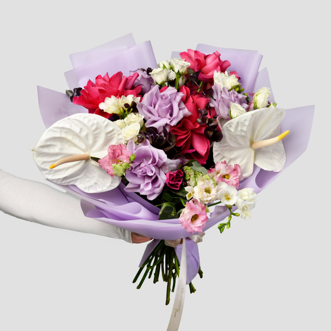 Buchet trandafiri speciali Pink, anthurium si lisianthus roz, 1