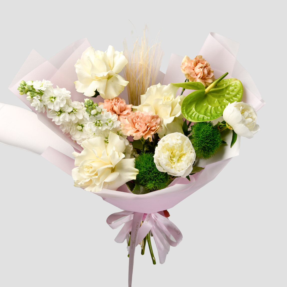 Flower delivery Bucharest - California Flowers, Bouquet matthiola alba, anthurium and dianthus, Californiaflowers.ro