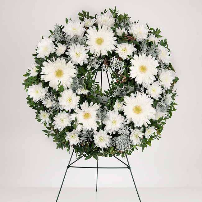 Funeral wreath with white gerbera and chrysanthemums