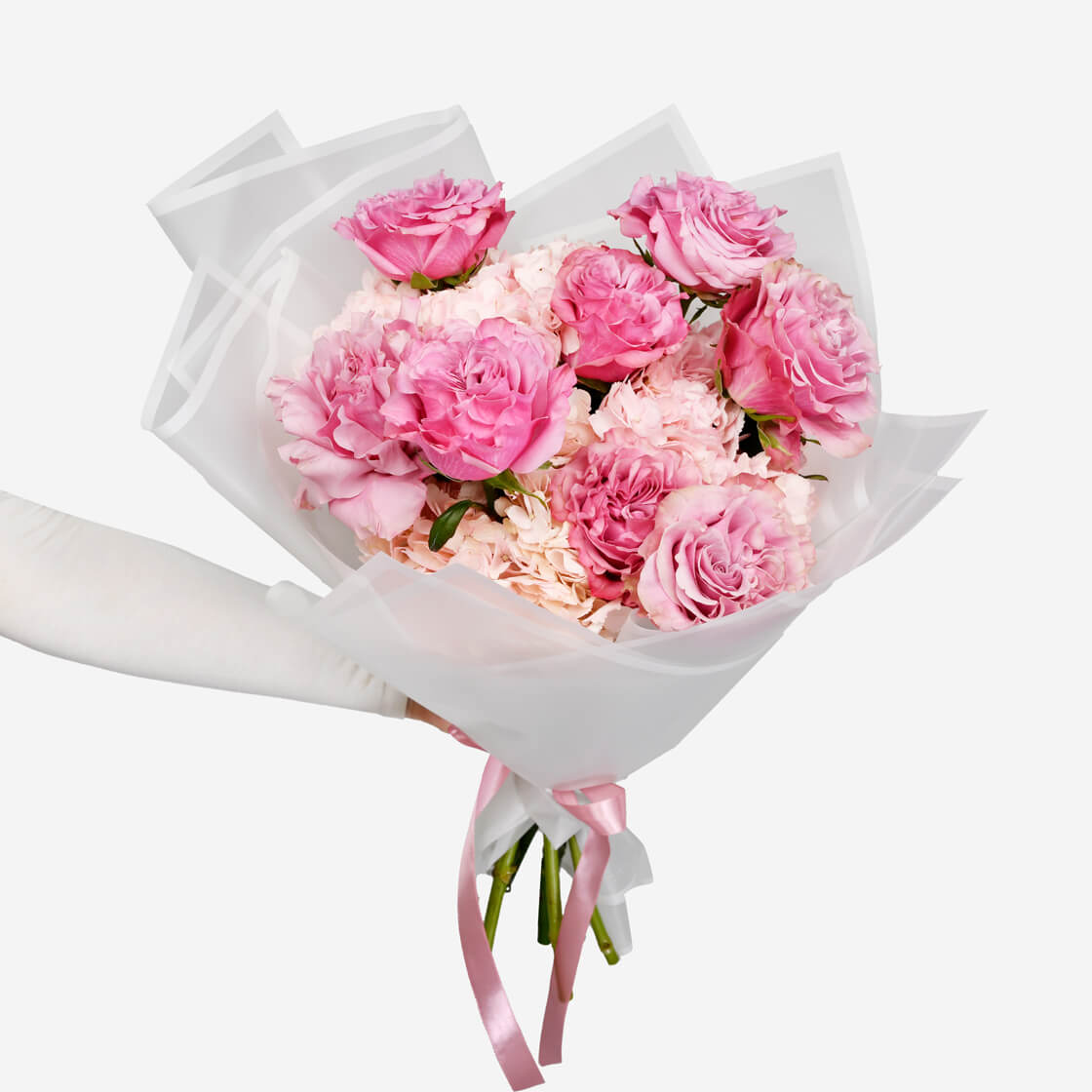 Buchet cu hortensie si trandafiri roz, 2