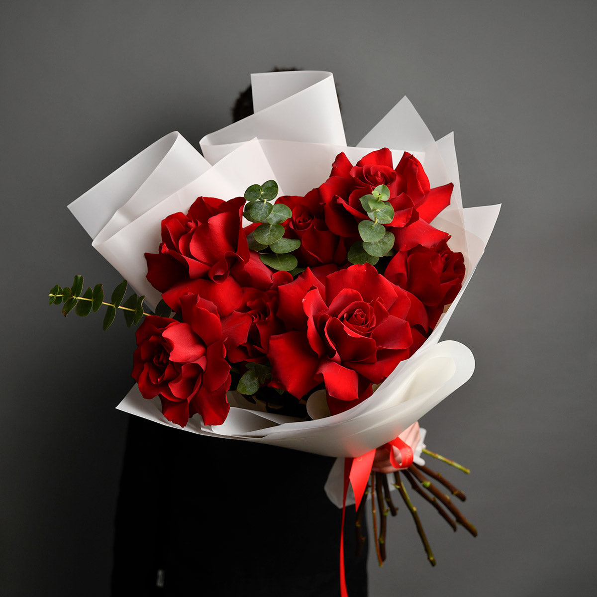 Flowers of Dragobete - California Flowers, Bouquet of 7 special red roses and eucalyptus, Californiaflowers.ro