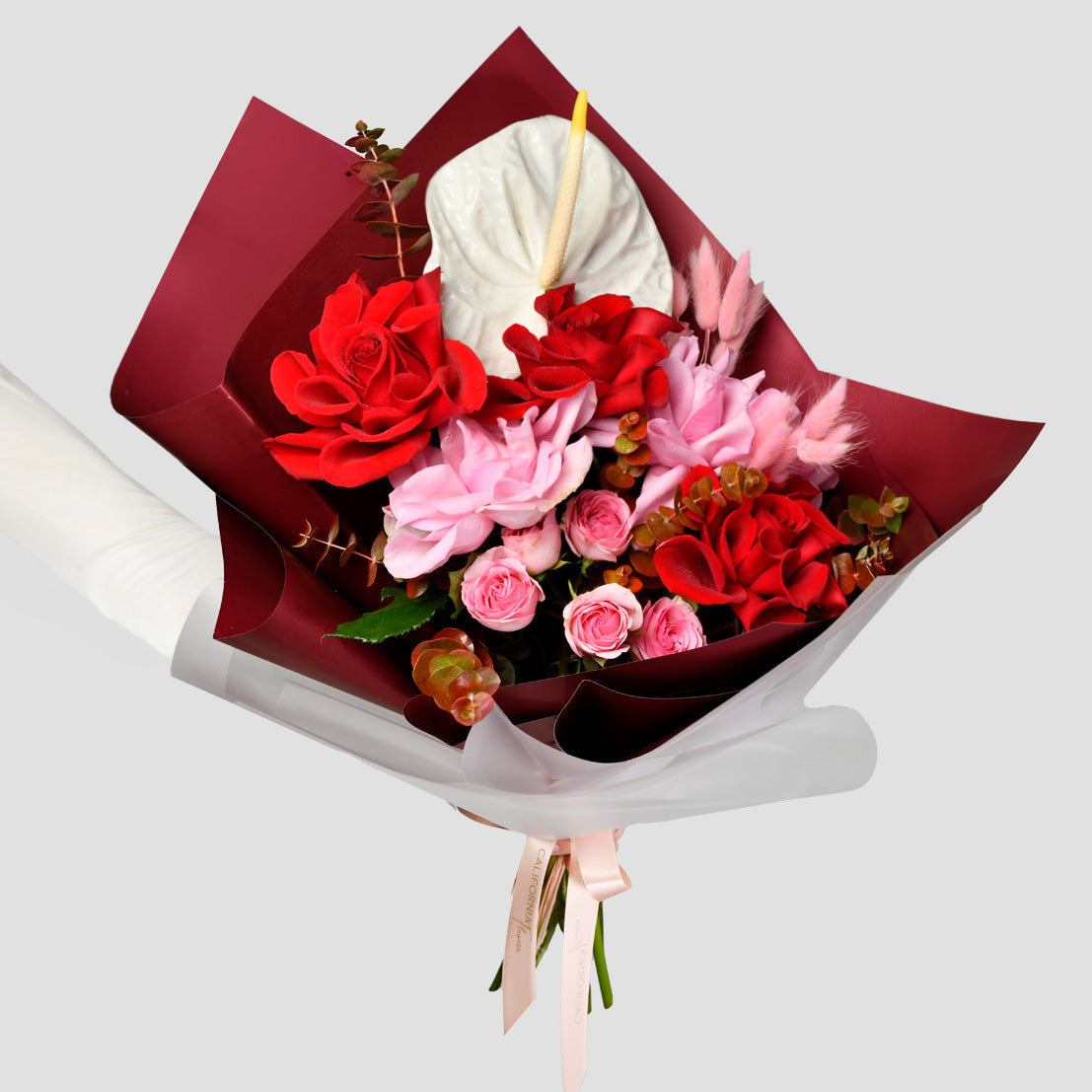 Flowers of Dragobete - California Flowers, Bouquet of special red roses, anthurium and pink mini roses, Californiaflowers.ro